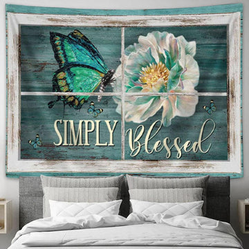Simply Blessed Tapestry Wall Art - Butterfly Camellia Flower Christian Art - - Christian Wall Decor