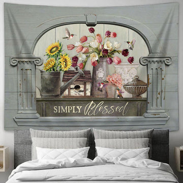 Simply Blessed Tulip Sunflower Hummingbird Tapestry Art - Bible Verse Wall Art - Wall Decor Christian