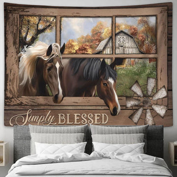 Simply Blessed Two Horses Window Tapestry Prints - Christian Wall Art - Religious Home Decor