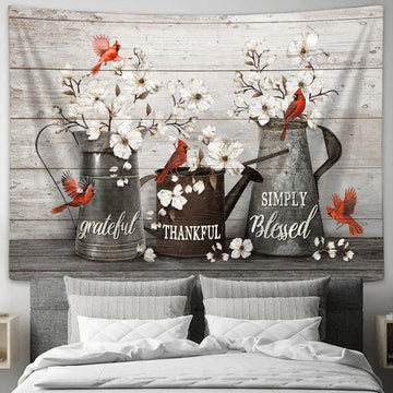 Simply Blessed White Flowers Red Cardinals Tapestry Art - Bible Verse Wall Art - Wall Decor Christian