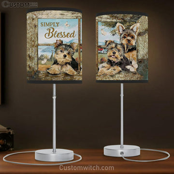 Simply Blessed Yorkshire Terrier Dog White Butterfly Table Lamp Art - Christian Lamp Gift Decor - Bible Verse Table Lamp