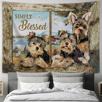 Simply Blessed Yorkshire Terrier Dog White Butterfly Tapestry Art - Christian Wall Art Decor - Bible Verse Tapestry
