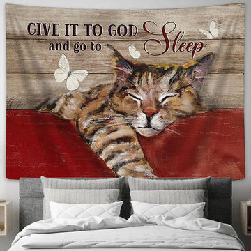 Sleeping Cat Butterfly Give It To God And Go To Sleep Tapestry Painting - Christian Wall Art - Gifts For Cat Lovers