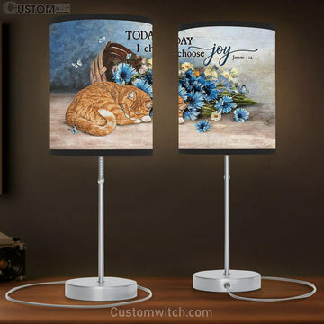 Sleeping Cat Flower Butterfly Today I Choose Joy Table Lamp Painting - Christian Lamp Gift - Gifts For Cat Lovers
