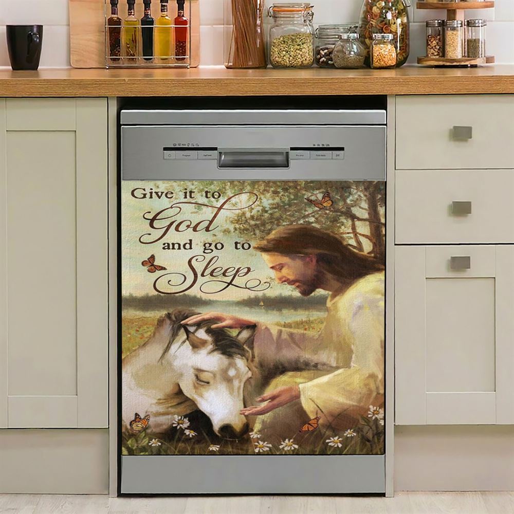 Sleeping Horse And Jesus Dishwasher Cover, Give It To God And Go To Sleep Dishwasher Wrap, Jesus Christ Kitchen Decoration