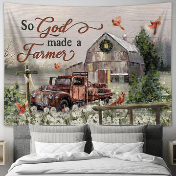 So God Made A Farmer Red Cardinal Old Truck Wooden Cross Tapestry Art - Bible Verse Wall Art - Wall Decor Christian