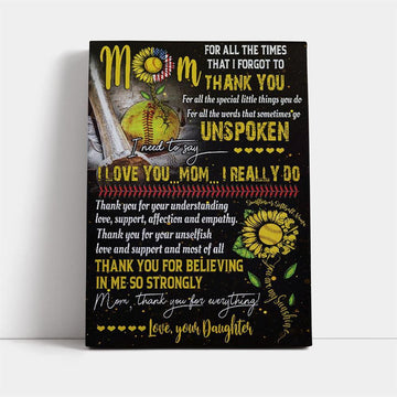 Softball Daughter To Mom, Thank You For Everything Canvas, Mother's Day Canvas Art, Gift For Mom, Birthday Gift, Mother's Day Wall Art