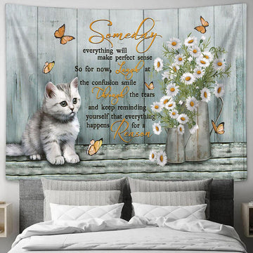 Someday Everything Will Make Perfect Sense White Cat Daisy Vase Tapestry Painting - Christian Wall Art - Gifts For Cat Lovers