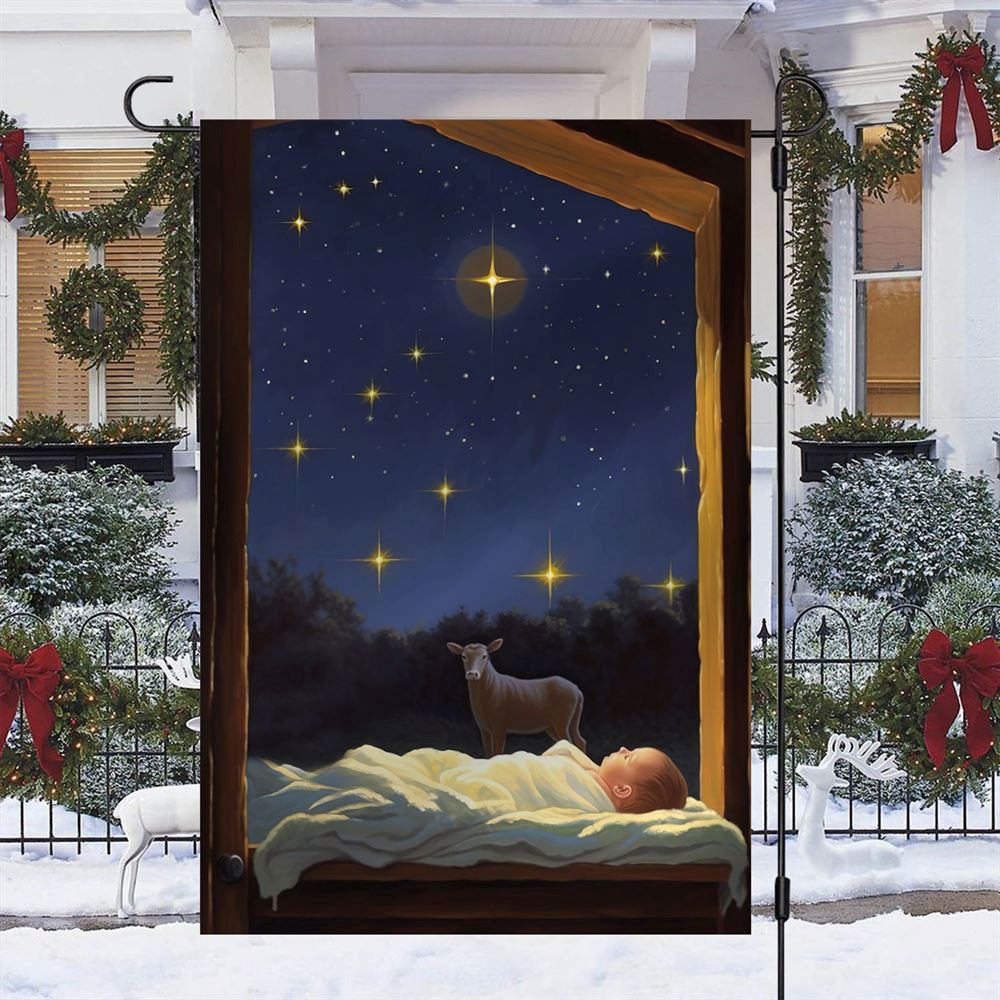 Starry Serenity The Newborn&#39;s Peaceful Slumber Flag, Christian Christmas House Flag, Christmas Outdoor Decor Ideas