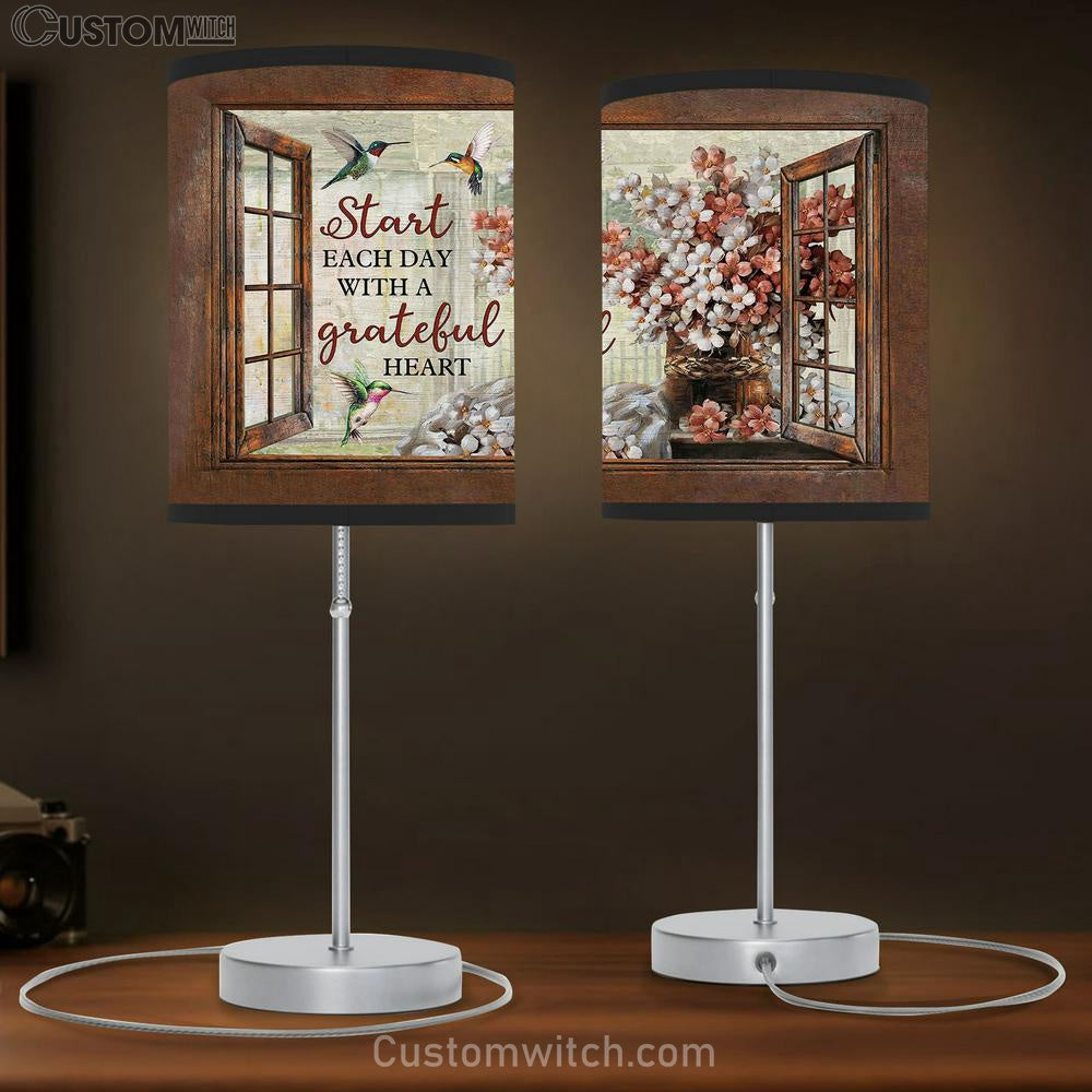 Start Each Day With A Grateful Heart Blossom Flower Hummingbird Table Lamp Art - Christian Lamp Gift Decor - Bible Verse Table Lamp