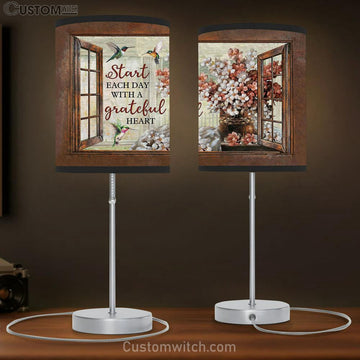 Start Each Day With A Grateful Heart Blossom Flower Hummingbird Table Lamp Art - Christian Lamp Gift Decor - Bible Verse Table Lamp