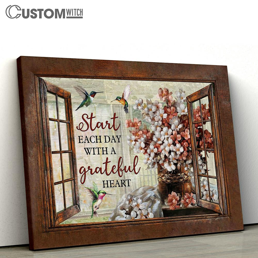 Start Each Day With A Grateful Heart Blossom Flower Hummingbird Canvas Art - Christian Wall Art Decor - Bible Verse Canvas