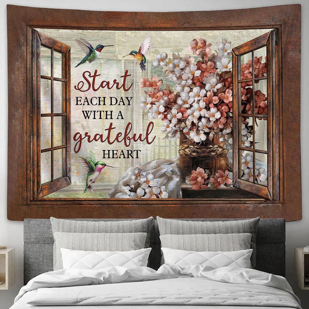 Start Each Day With A Grateful Heart Blossom Flower Hummingbird Tapestry Art - Christian Wall Art Decor - Bible Verse Tapestry