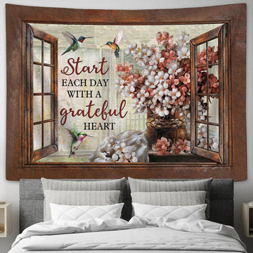 Start Each Day With A Grateful Heart Blossom Flower Hummingbird Tapestry Art - Christian Wall Art Decor - Bible Verse Tapestry
