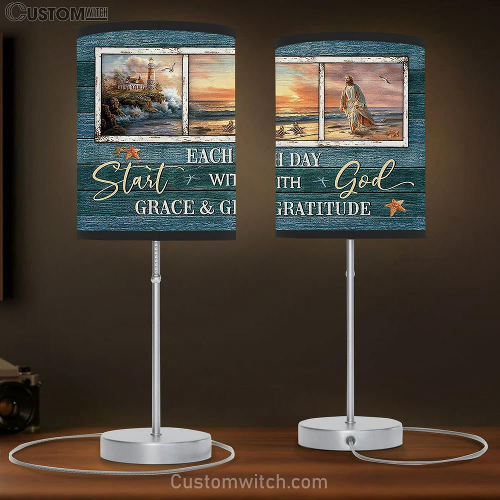 Start each day with God Table Lamp - Jesus Walking Table Lamp Gift - Bible Verse Table Lamp - Religious Bedroom Decor