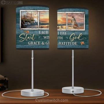 Start each day with God Table Lamp - Jesus Walking Table Lamp Gift - Bible Verse Table Lamp - Religious Bedroom Decor