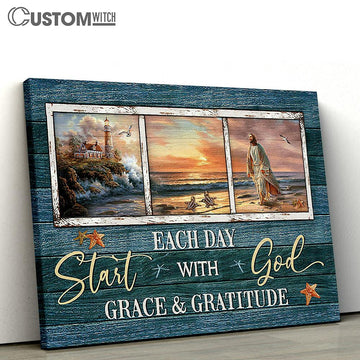 Start each day with God Canvas - Jesus Walking Canvas Wall Art - Bible Verse Canvas - Religious Prints
