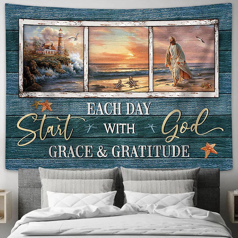 Start each day with God Tapestry - Jesus Walking Tapestry Wall Art - Bible Verse Tapestry - Religious Tapestry Wall Hanging