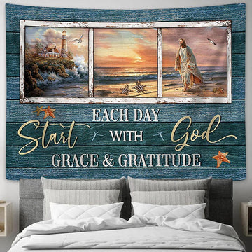 Start each day with God Tapestry - Jesus Walking Tapestry Wall Art - Bible Verse Tapestry - Religious Tapestry Wall Hanging