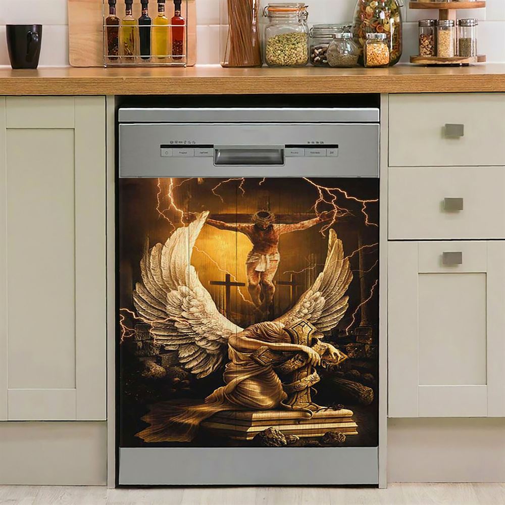 Stunning Angel Wings Jesus On The Cross Dishwasher Cover, Inspirational Dishwasher Wrap, Christian Kitchen Decoration