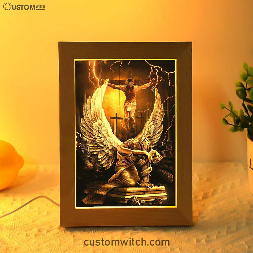 Stunning Angel Wings Jesus On The Cross Frame Lamp Print - Inspirational Frame Lamp Art - Christian Art Home Decor