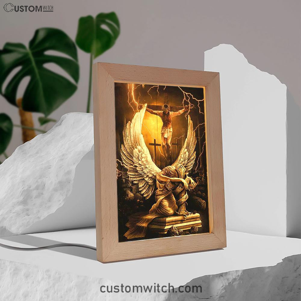 Stunning Angel Wings Jesus On The Cross Frame Lamp Print - Inspirational Frame Lamp Art - Christian Art Home Decor