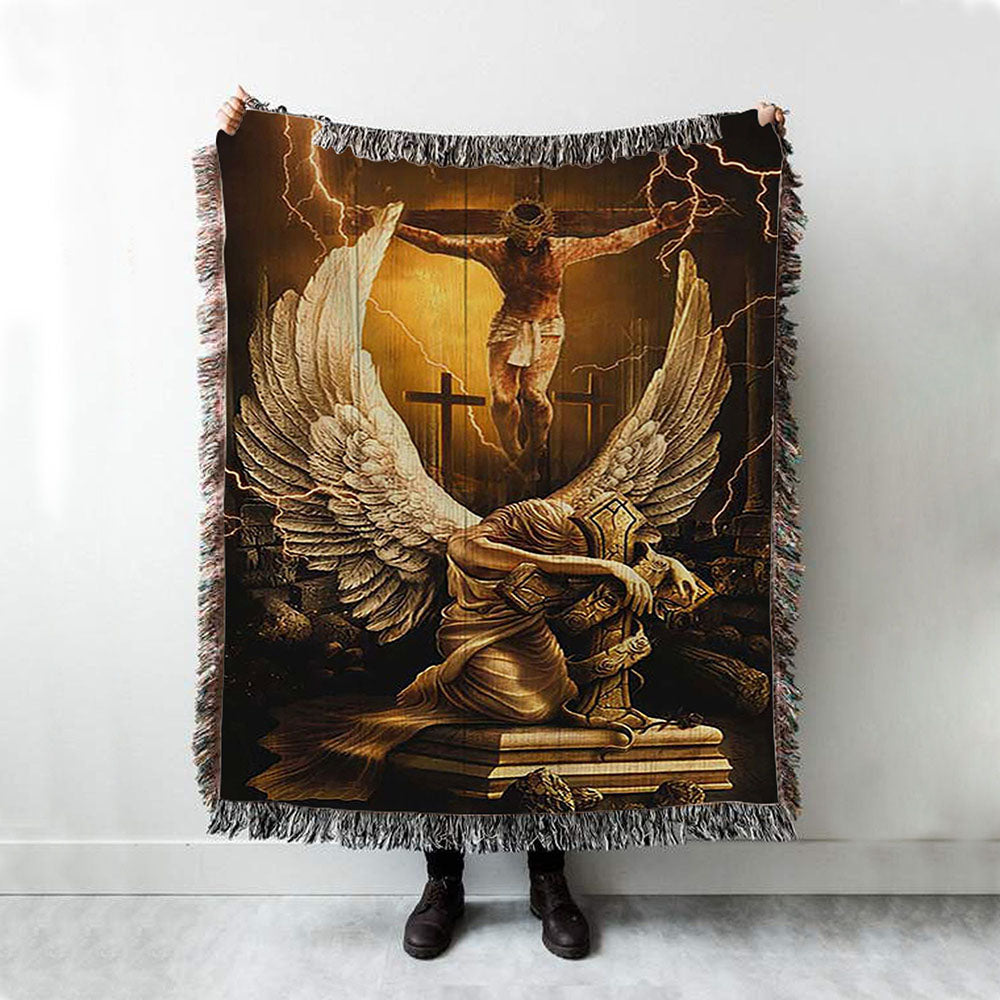 Stunning Angel Wings Jesus On The Cross Woven Blanket Print - Inspirational Woven Blanket Art - Christian Throw Blanket Home Decor