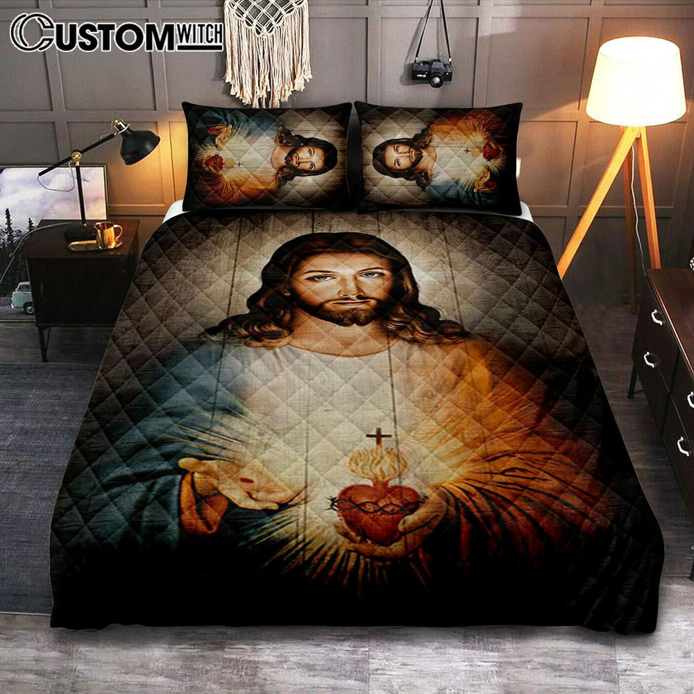 Stunning Heart Walking With Jesus Quilt Bedding Set Quilt Bedding Set Bedroom - Christian Quilt Bedding Set Prints - Bible Verse Quilt Bedding Set Art