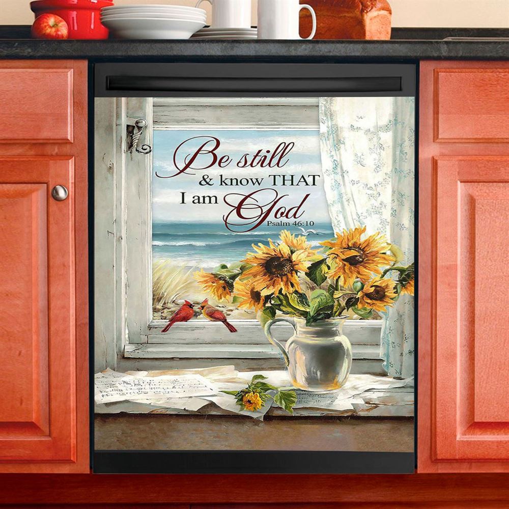 Sunflower Beach Be Still And Know That I Am God Dishwasher Cover, Christian Dishwasher Wrap, Bible Verse Kitchen Decoration