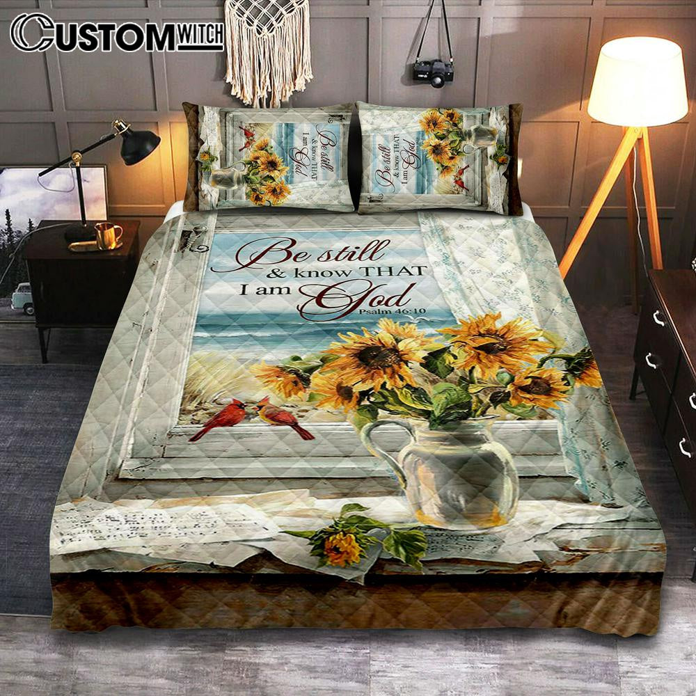 Sunflower Beach Be Still And Know That I Am God Quilt Bedding Set Art - Christian Art - Bible Verse Bedroom - Religious Home Decor