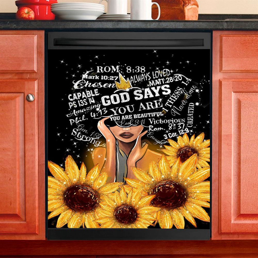 Sunflower Black Girl Dishwasher Cover, God Says You Are Sunflower Dishwasher Wrap, Religious Kitchen Decoration