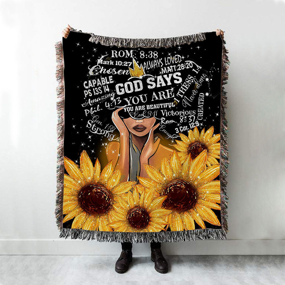 Sunflower Black Girl Woven Blanket Prints - God Says You Are Sunflower Woven Throw Blanket - Religious Woven Blanket Prints