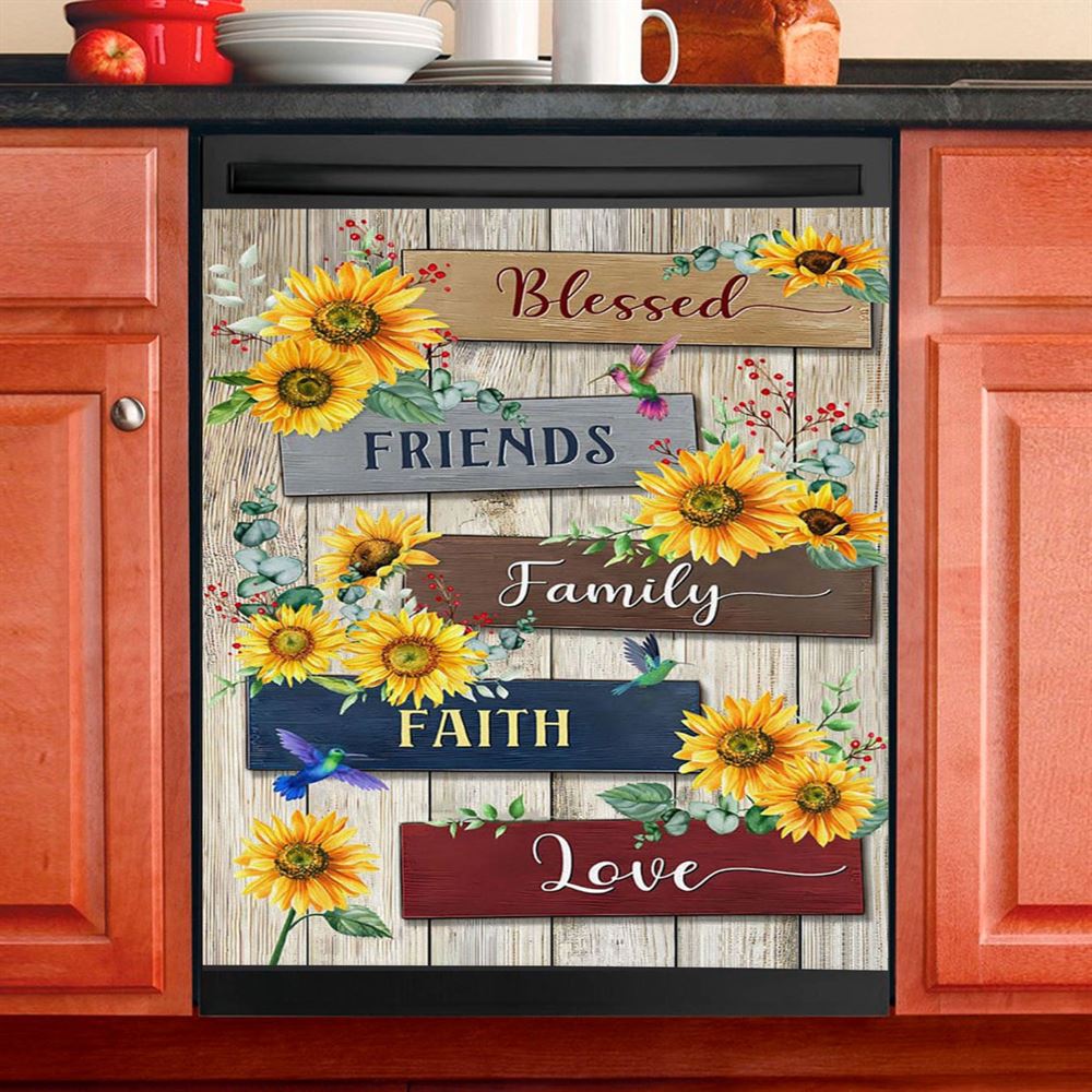 Sunflower Blessed Friends Family Faith Love Dishwasher Cover, Inspirational Dishwasher Wrap, Christian Kitchen Decoration