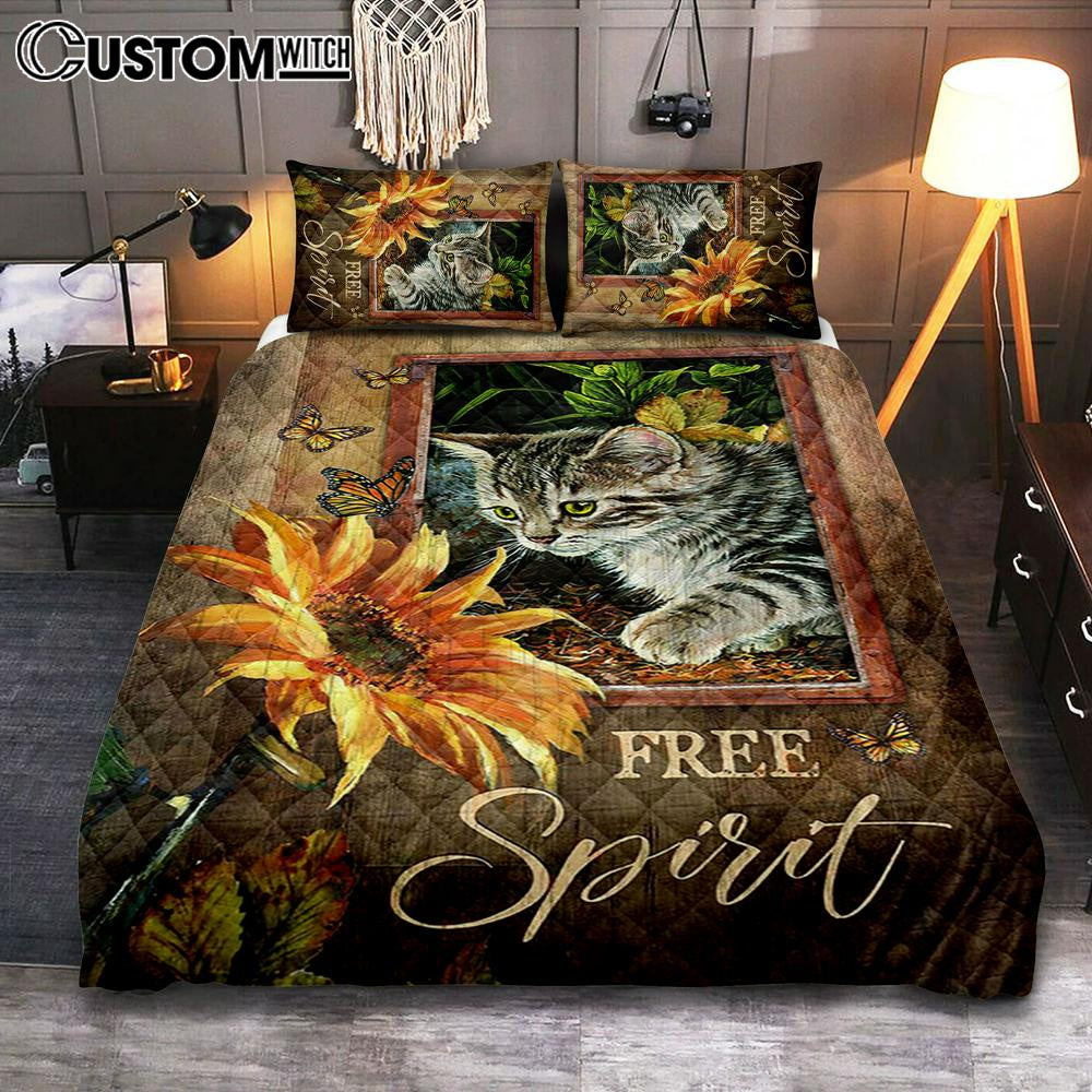 Sunflower Butterfly Cat Free Spirit Quilt Bedding Set Art - Christian Art - Bible Verse Bedroom - Religious Home Decor