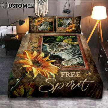 Sunflower Butterfly Cat Free Spirit Quilt Bedding Set Art - Christian Art - Bible Verse Bedroom - Religious Home Decor