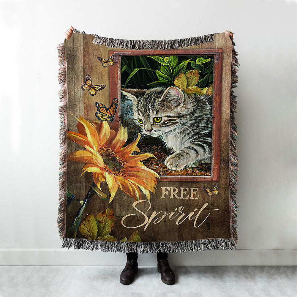 Sunflower Butterfly Cat Free Spirit Woven Blanket Art - Christian Art - Bible Verse Throw Blanket - Religious Home Decor