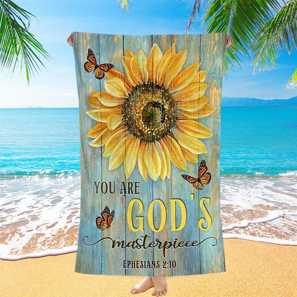 Sunflower Butterfly You Are God&#39;s Masterpiece Beach Towel - Inspirational Beach Towel - Christian Beach Towel