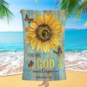 Sunflower Butterfly You Are God&#39;s Masterpiece Beach Towel - Inspirational Beach Towel - Christian Beach Towel
