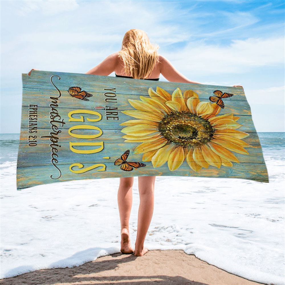 Sunflower Butterfly You Are God&#39;s Masterpiece Beach Towel - Inspirational Beach Towel - Christian Beach Towel