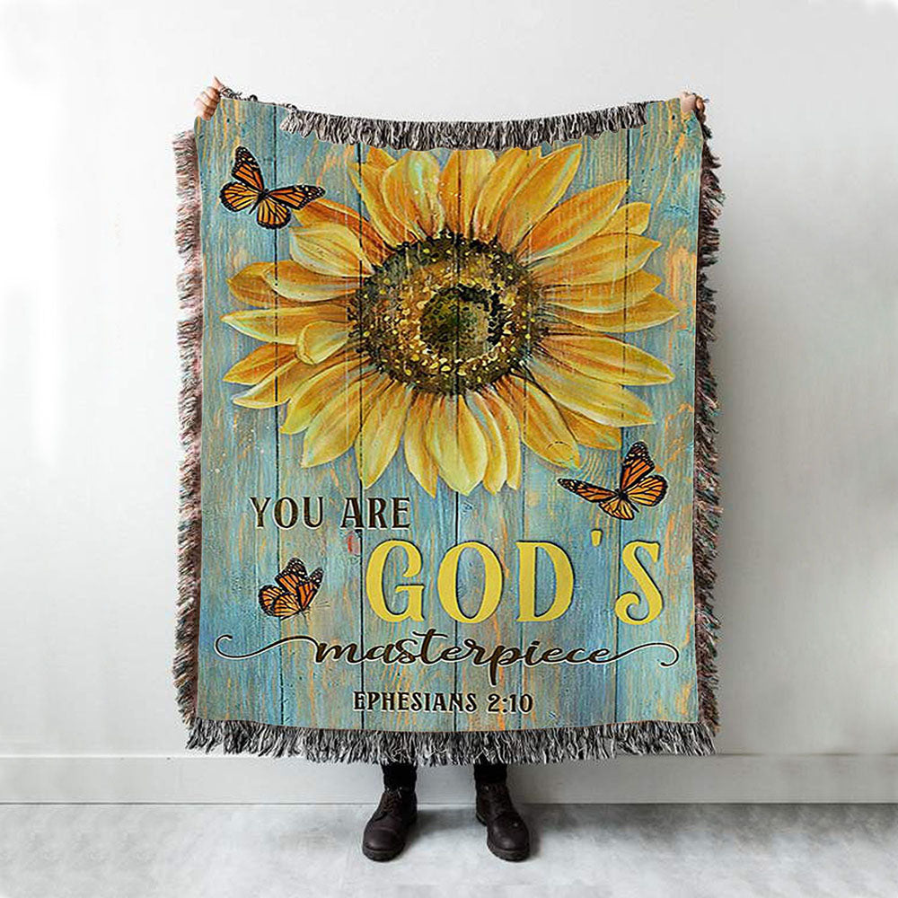 Sunflower Butterfly You Are God&#39;s Masterpiece Woven Blanket Print - Inspirational Woven Blanket Art - Christian Throw Blanket Home Decor