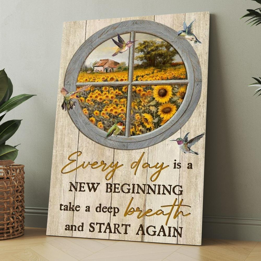 Sunflower Garden, Hummingbirds, Circle Window, Everyday Is A New Beginning Canvas, Christmas Gift for Christian