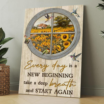 Sunflower Garden, Hummingbirds, Circle Window, Everyday Is A New Beginning Canvas, Christmas Gift for Christian
