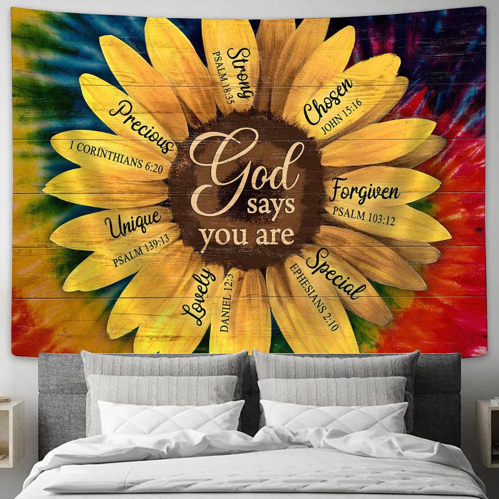 Sunflower God Says You Are Tapestry Art - Bible Verse Wall Art - Wall Decor Christian