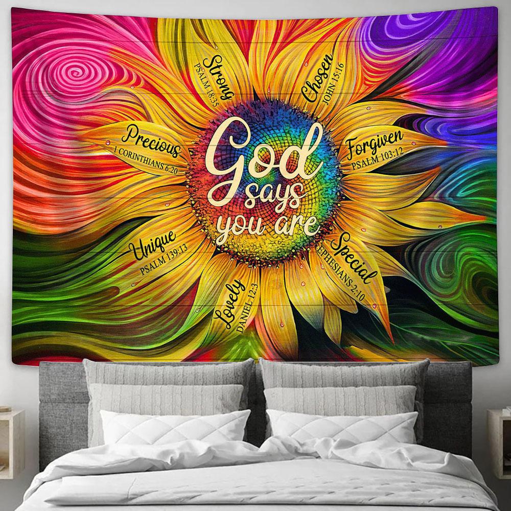 Sunflower God Says You Are Unique Tapestry Art - Bible Verse Wall Art - Wall Decor Christian