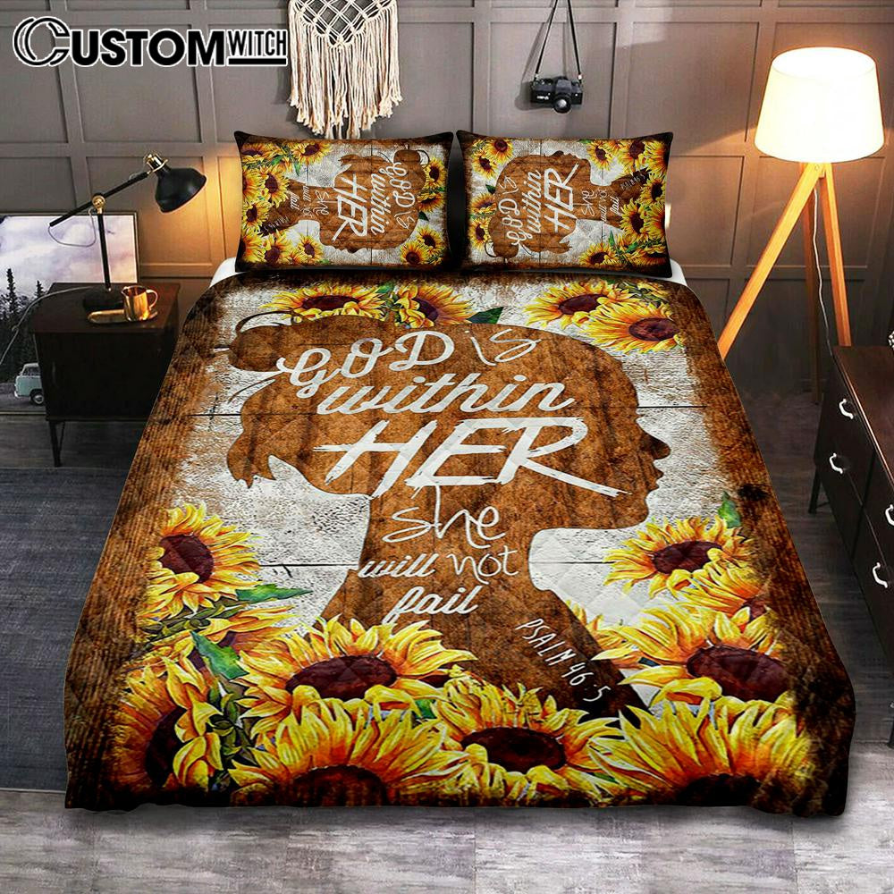 Sunflower Shadow Girl God Is Within Her She Will Not Fail Quilt Bedding Set Art - Christian Art - Bible Verse Bedroom - Religious Home Decor