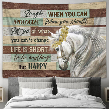 Sunflower Wreath White Horse Laugh When You Can Wall Art Tapestry - Christian Wall Decor - Gifts For Horse Lovers