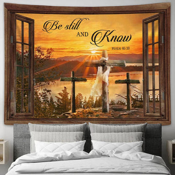 Sunset Cross - Be Still And Know Psalm 4610 Bible Verse Tapestry Wall Art - Christian Wall Decor