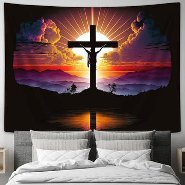 Sunset Jesus Christ Cross Tapestry Pictures - Faith Art - Christian Tapestry Wall Art Decor