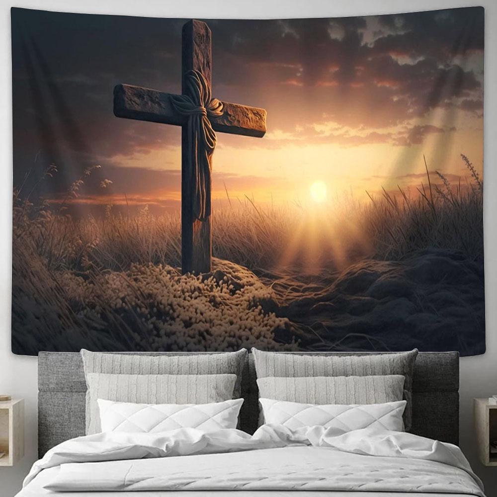 Symbol Love Pray Cross Sunset Tapestry Pictures - Faith Art - Christian Tapestry Wall Art Decor