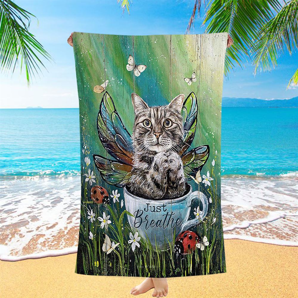 Tabby Cat Just Breathe Beach Towel - Christian Beach Towel Decor - Gift For Cat Lover
